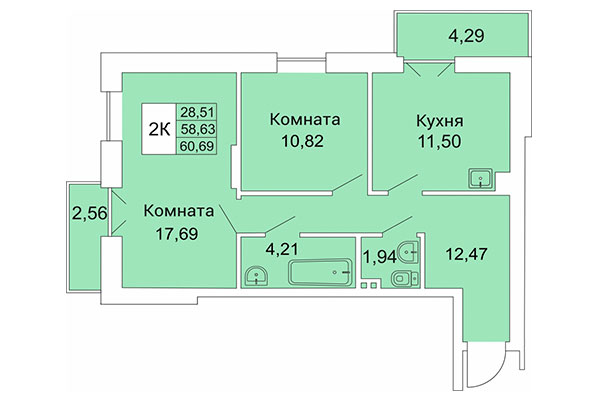 2-комнатная квартира 60,69 м² в Расцветай на Гоголя. Планировка