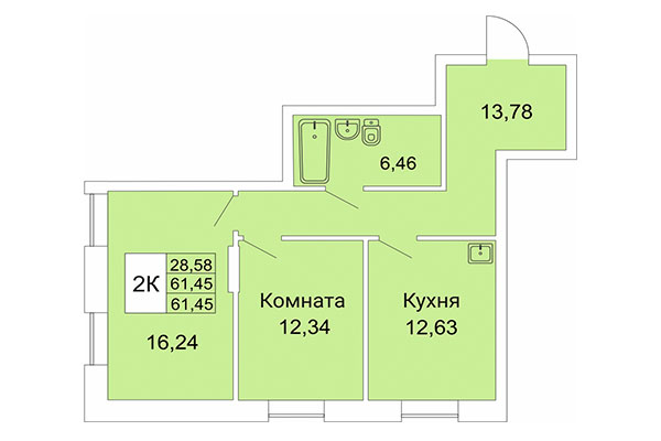 2-комнатная квартира 61,45 м² в Расцветай на Гоголя. Планировка