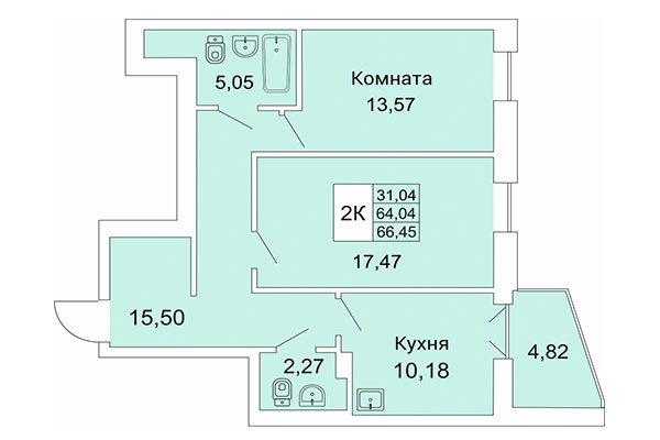 2-комнатная квартира 66,45 м² в Расцветай на Гоголя. Планировка