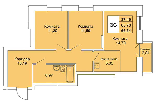 3-комнатная квартира 66,54 м² в Расцветай на Гоголя. Планировка