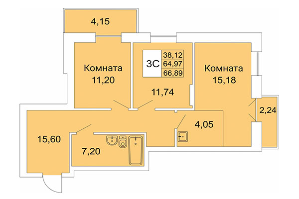 3-комнатная квартира 66,89 м² в Расцветай на Гоголя. Планировка