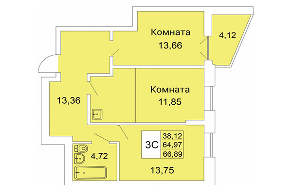3-комнатная квартира 66,90 м² в Расцветай на Гоголя. Планировка