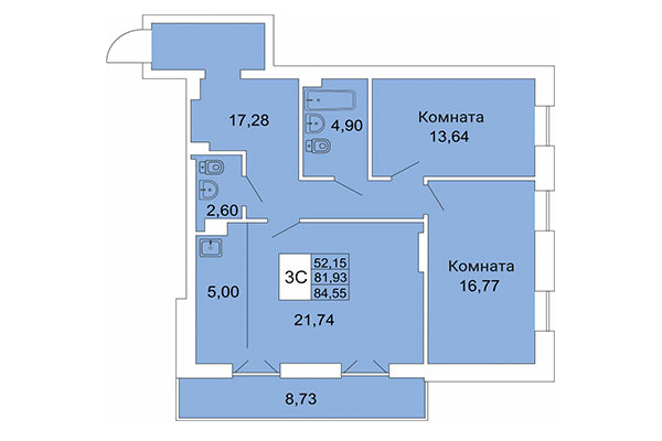 3-комнатная квартира 84,55 м² в Расцветай на Гоголя. Планировка