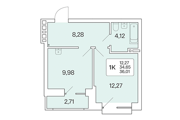 1-комнатная квартира 36,10 м² в Расцветай на Красном. Планировка