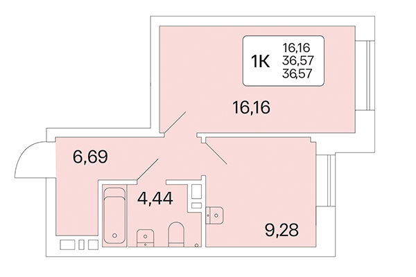 1-комнатная квартира 36,57 м² в Расцветай на Красном. Планировка