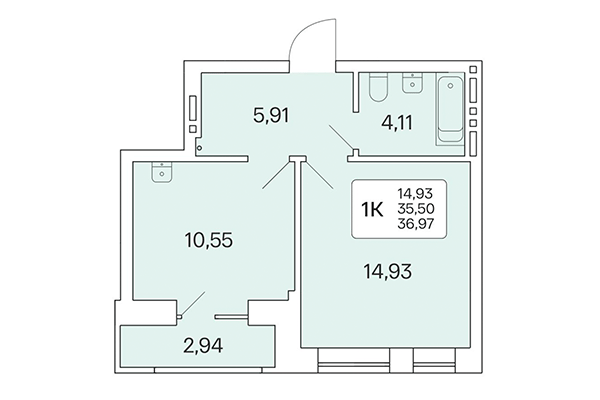 1-комнатная квартира 36,97 м² в Расцветай на Красном. Планировка