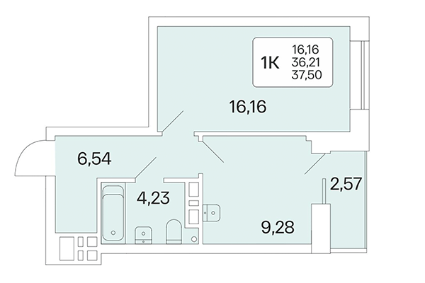 1-комнатная квартира 37,50 м² в Расцветай на Красном. Планировка