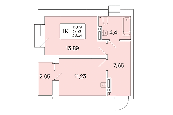 1-комнатная квартира 38,45 м² в Расцветай на Красном. Планировка