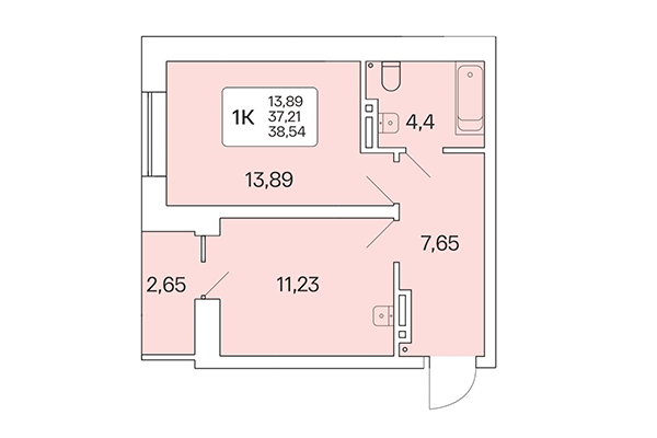 1-комнатная квартира 38,54 м² в Расцветай на Красном. Планировка