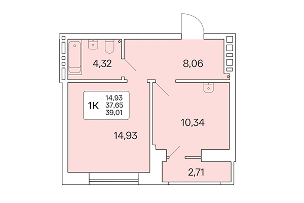 1-комнатная квартира 39,02 м² в Расцветай на Красном. Планировка