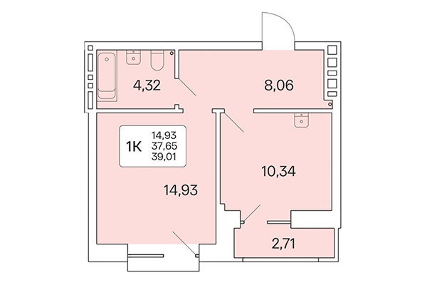 1-комнатная квартира 39,03 м² в Расцветай на Красном. Планировка