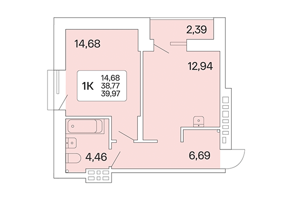 1-комнатная квартира 39,97 м² в Расцветай на Красном. Планировка