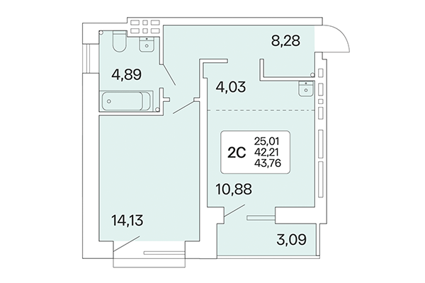 2-комнатная квартира 43,76 м² в Расцветай на Красном. Планировка