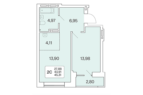 2-комнатная квартира 45,31 м² в Расцветай на Красном. Планировка