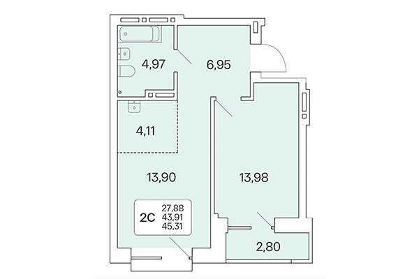 2-комнатная квартира 45,32 м² в Расцветай на Красном. Планировка