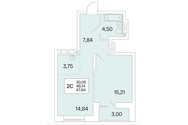 2-комнатная квартира 47,64 м² в Расцветай на Красном. Планировка