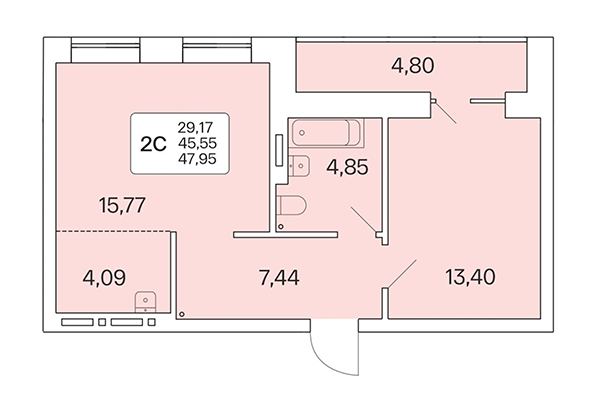2-комнатная квартира 47,95 м² в Расцветай на Красном. Планировка