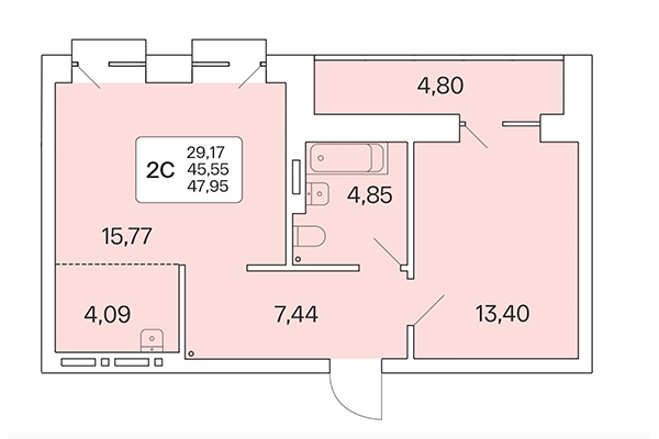 2-комнатная квартира 47,96 м² в Расцветай на Красном. Планировка
