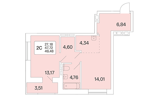 2-комнатная квартира 49,48 м² в Расцветай на Красном. Планировка