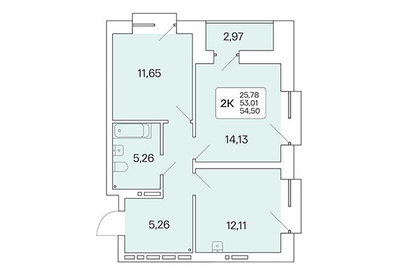 2-комнатная квартира 54,51 м² в Расцветай на Красном. Планировка
