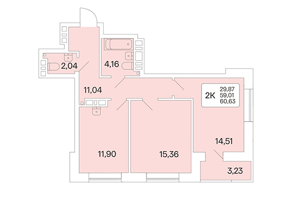 2-комнатная квартира 60,63 м² в Расцветай на Красном. Планировка