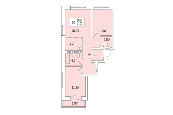 3-комнатная квартира 63,35 м² в Расцветай на Красном. Планировка