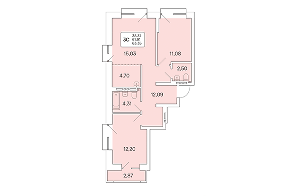 3-комнатная квартира 63,36 м² в Расцветай на Красном. Планировка