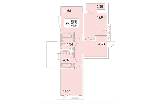 2-комнатная квартира 66,84 м² в Расцветай на Красном. Планировка