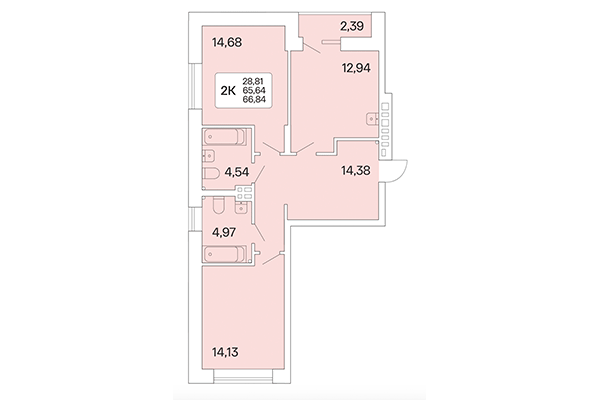 2-комнатная квартира 66,85 м² в Расцветай на Красном. Планировка