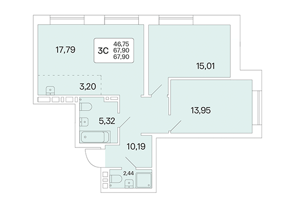 3-комнатная квартира 67,90 м² в Расцветай на Красном. Планировка