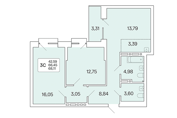 3-комнатная квартира 68,11 м² в Расцветай на Красном. Планировка