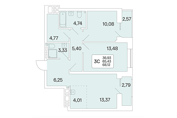 3-комнатная квартира 68,12 м² в Расцветай на Красном. Планировка