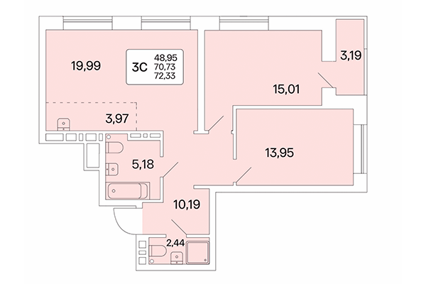 3-комнатная квартира 72,33 м² в Расцветай на Красном. Планировка