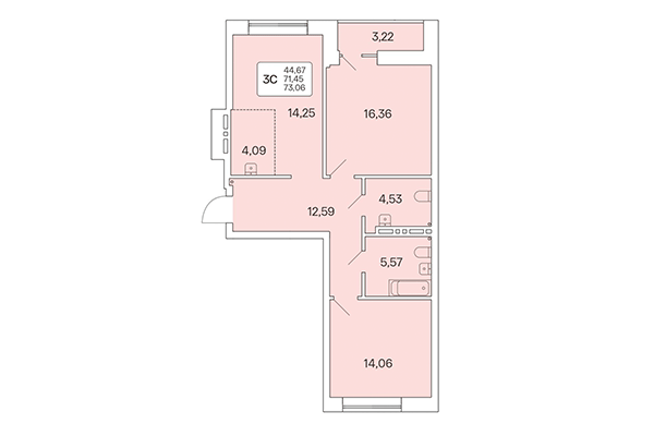 3-комнатная квартира 73,06 м² в Расцветай на Красном. Планировка