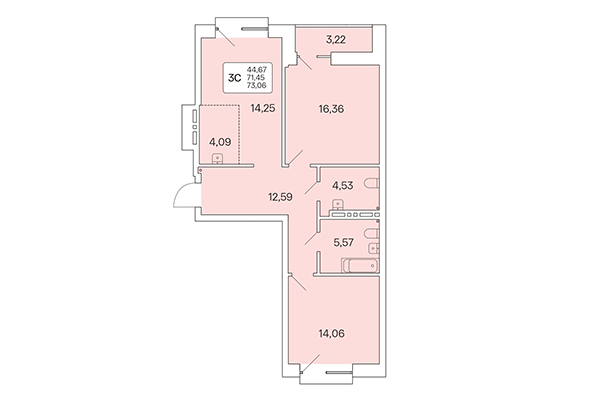 3-комнатная квартира 73,07 м² в Расцветай на Красном. Планировка
