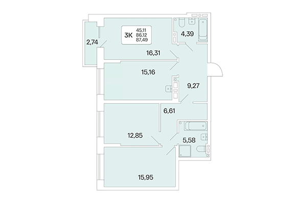 3-комнатная квартира 87,49 м² в Расцветай на Красном. Планировка