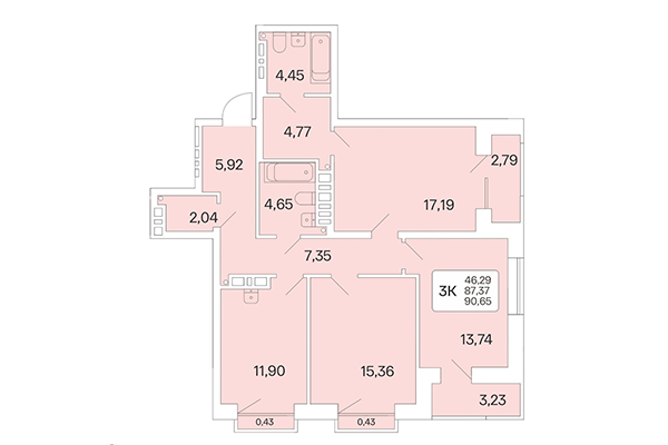 3-комнатная квартира 90,65 м² в Расцветай на Красном. Планировка