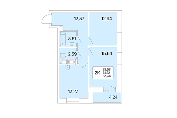 2-комнатная квартира 63,34 м² в Расцветай на Маркса. Планировка