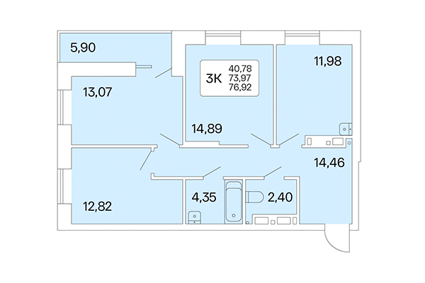 3-комнатная квартира 76,93 м² в Расцветай на Маркса. Планировка