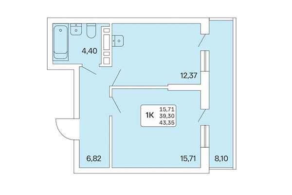 1-комнатная квартира 43,35 м² в Расцветай на Обской. Планировка