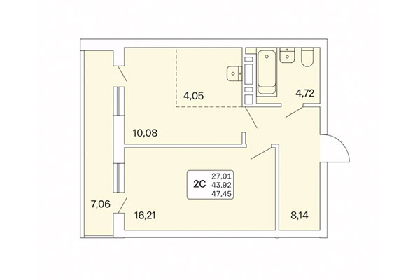 2-комнатная квартира 47,45 м² в Расцветай на Обской. Планировка