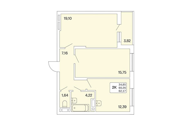 2-комнатная квартира 62,17 м² в Расцветай на Обской. Планировка