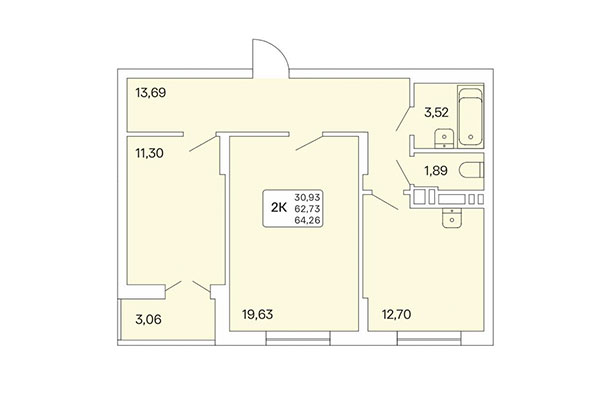 2-комнатная квартира 64,26 м² в Расцветай на Обской. Планировка