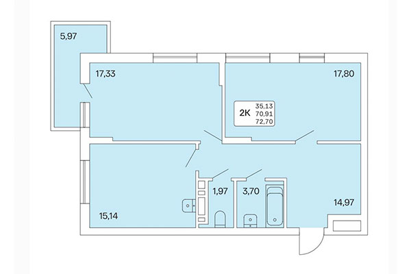 2-комнатная квартира 72,70 м² в Расцветай на Обской. Планировка