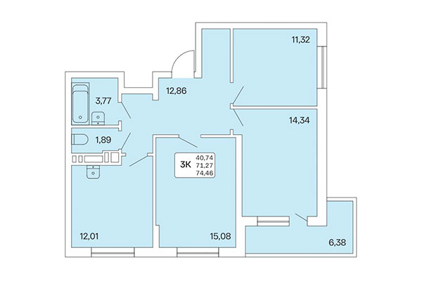 3-комнатная квартира 74,46 м² в Расцветай на Обской. Планировка