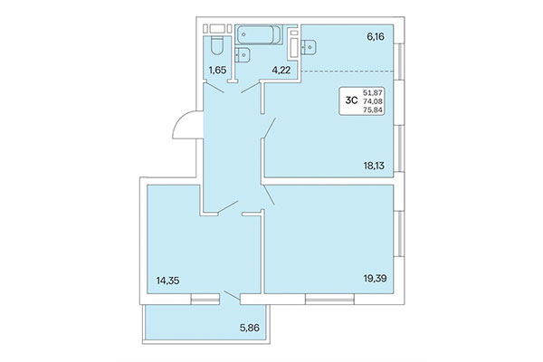 3-комнатная квартира 75,84 м² в Расцветай на Обской. Планировка