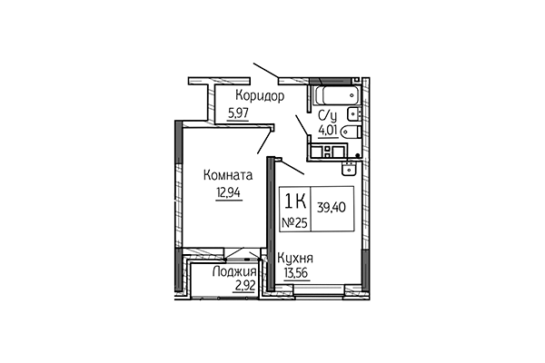 1-комнатная квартира 39,40 м² в Сакура Парк. Планировка