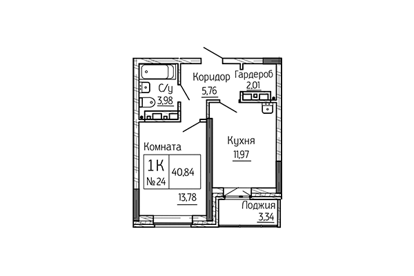 1-комнатная квартира 40,85 м² в Сакура Парк. Планировка