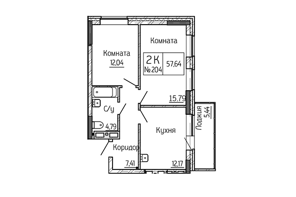 2-комнатная квартира 57,64 м² в Сакура Парк. Планировка