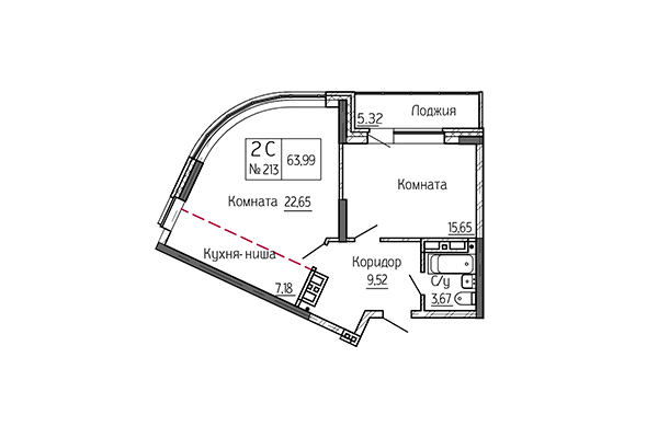 2-комнатная квартира 63,99 м² в Сакура Парк. Планировка